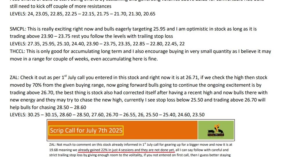 16 JULY SCRIP CALLS,CRTM,SMCPL,ZAL,CYAN,FCL 2025