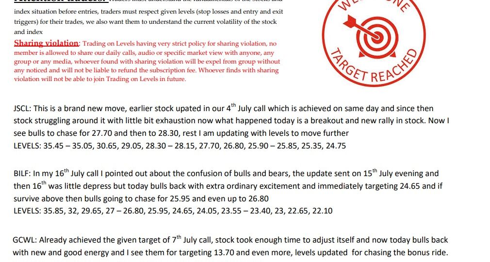 18 JULY SCRIP CALLLS,JSCL,BILF,GCWL 2025