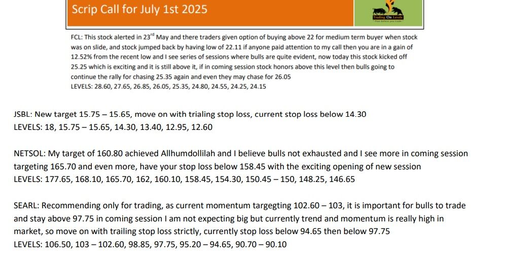 3 JULY SCRIP CALLS,FCL,JSBL,NETSOL,SEARL,GATM,BPL 2025